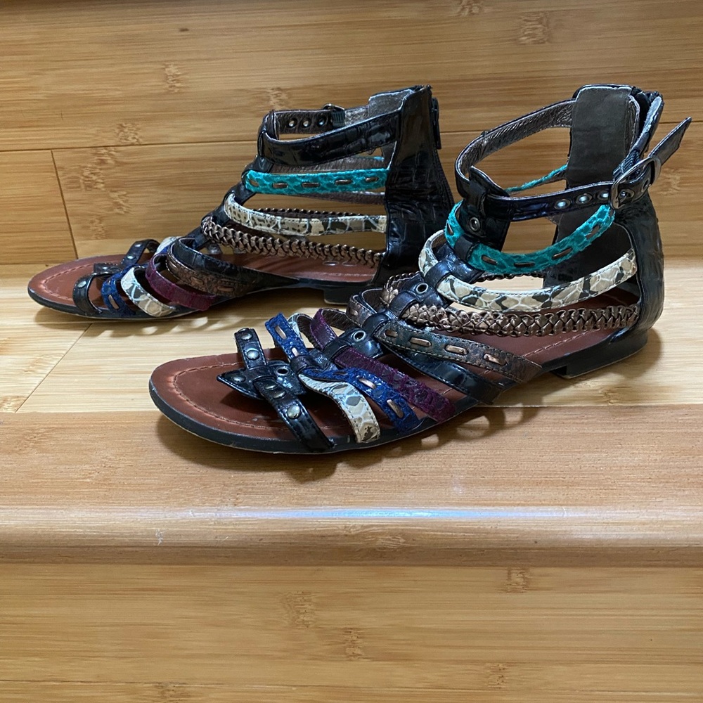 Aldo Black Multi-Striped Gladiator Sandals with Turquoise Accents - Picture 3 of 5